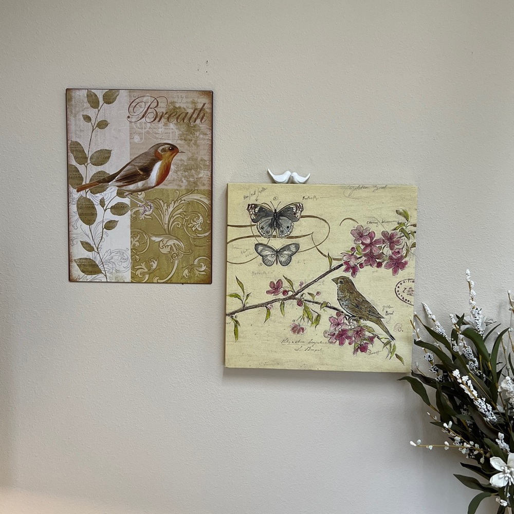 Metal Robin Bird “Breath” And Canvas Golden Bird Pictures/Decor Set of 2